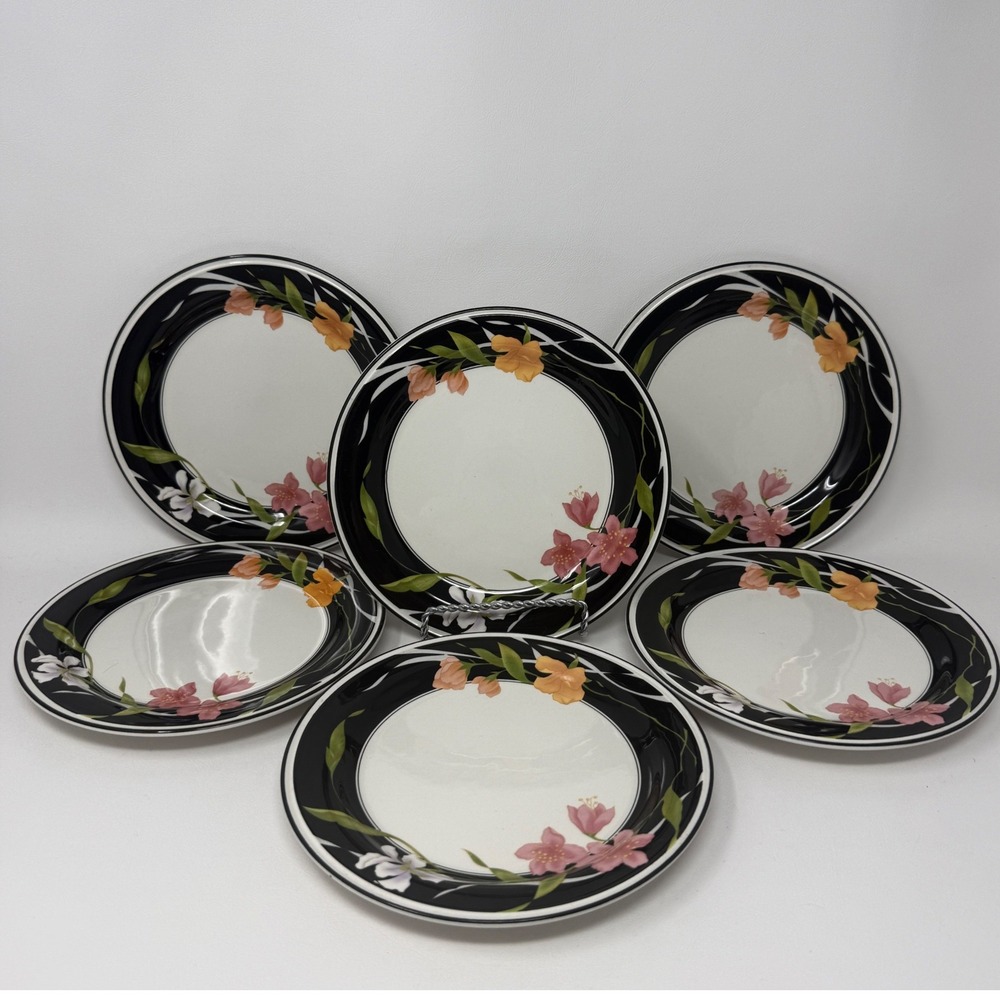 Sango Memories 3665 Bread and Butter Plates Set 6 Floral Black Rim 7.5 inch
